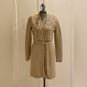 Elie Tahari Merino Wool Belted Sweater Coat with Rabbit Fur Trim Size Small